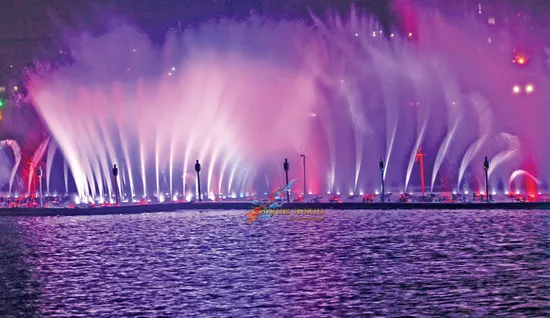 Fuente de lago grande moderna de Bangladesh, fuentes flotantes de música de baile de agua al aire libre con luces