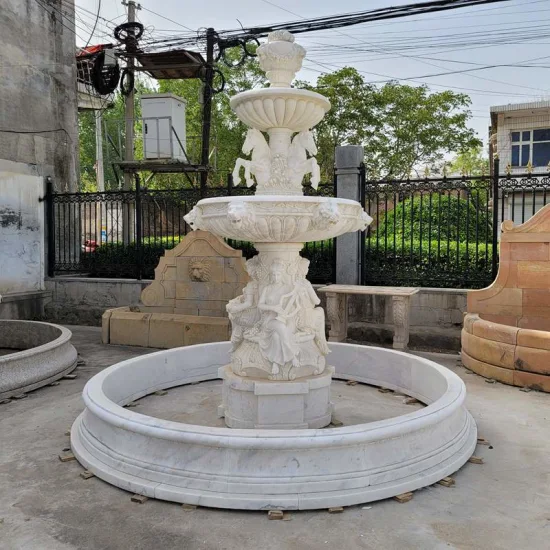 Fuente de agua de 3 niveles de mármol de piedra blanca tallada a mano para jardín al aire libre de tamaño personalizado para la venta