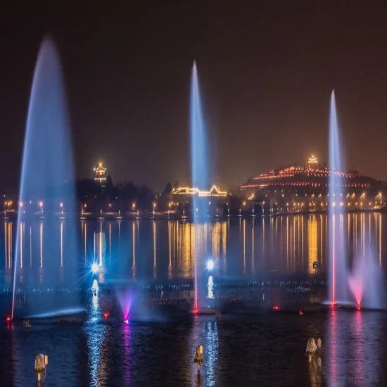 Fuente de baile de música de acero inoxidable Morden Fuente de agua Espectáculo de proyector láser de agua, Fuente de arco iris de puente de círculo interno, Fuente de rociado de fuego Pyrotechincs